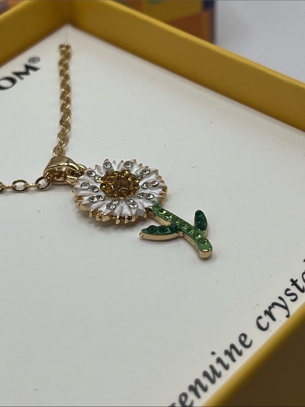 Gold Daisy Pendant Necklace with White Petals and Green Stem
